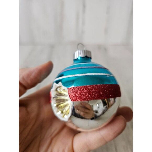 Vintage radko reflector shiny bright blue striped ball ornament silver Xmas tree - Picture 7 of 9